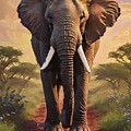 Painting of gentle elephant in the savannah africa